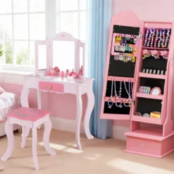 Kinder Schmuckschrank mit Beleuchtung Stehender Schmuckorganizer mit Ganzkörperspiegel Rosa