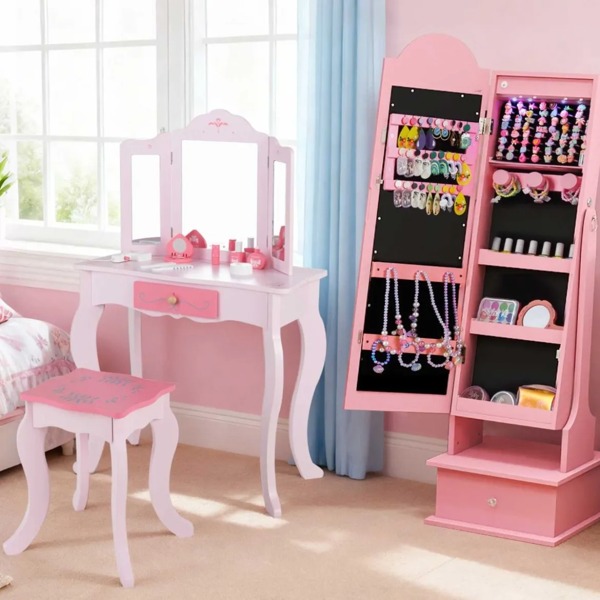 Kinder Schmuckschrank mit Beleuchtung Stehender Schmuckorganizer mit Ganzkörperspiegel Rosa