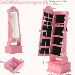 Kinder Schmuckschrank mit Beleuchtung Stehender Schmuckorganizer mit Ganzkörperspiegel Rosa