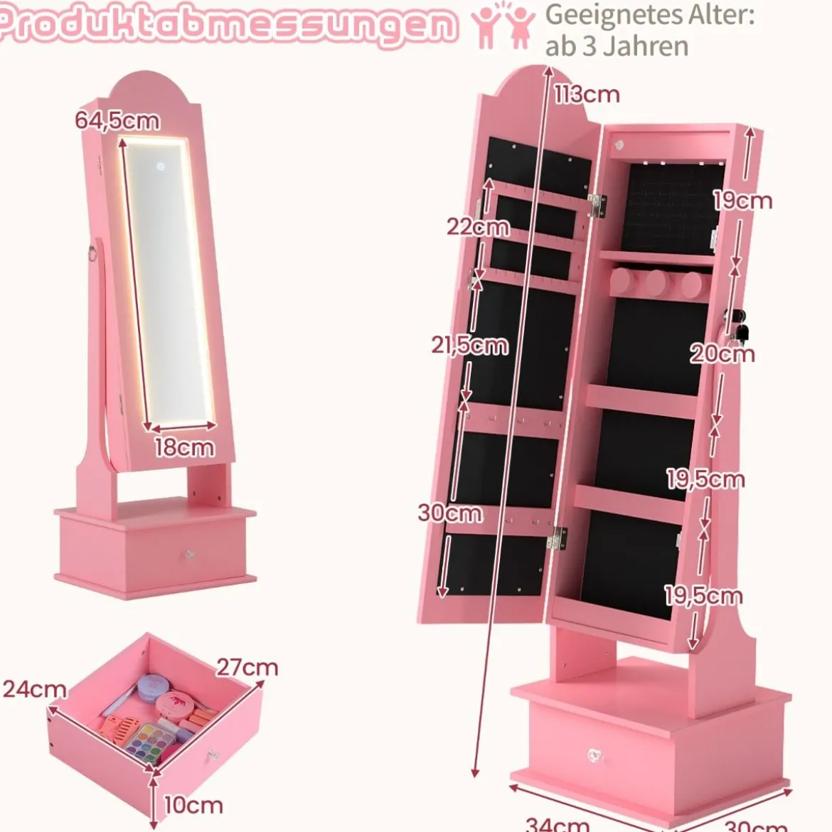 Kinder Schmuckschrank mit Beleuchtung Stehender Schmuckorganizer mit Ganzkörperspiegel Rosa