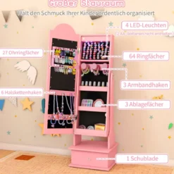 Kinder Schmuckschrank mit Beleuchtung Stehender Schmuckorganizer mit Ganzkörperspiegel Rosa
