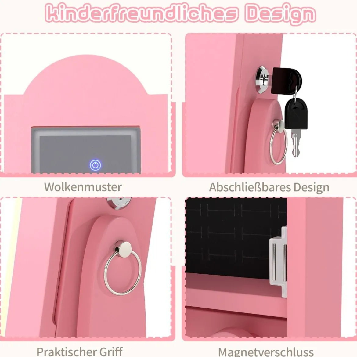 Kinder Schmuckschrank mit Beleuchtung Stehender Schmuckorganizer mit Ganzkörperspiegel Rosa