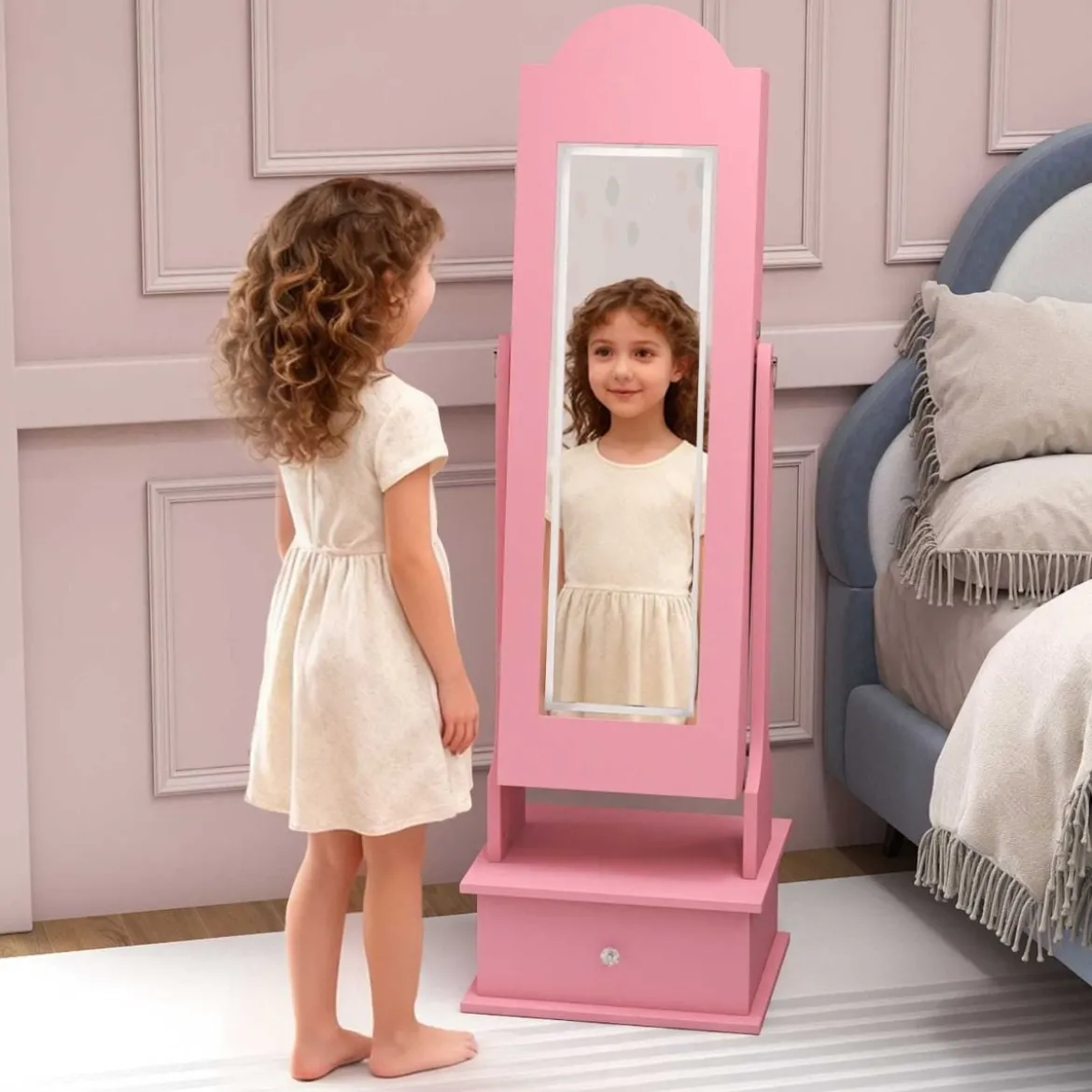 Kinder Schmuckschrank mit Beleuchtung Stehender Schmuckorganizer mit Ganzkörperspiegel Rosa