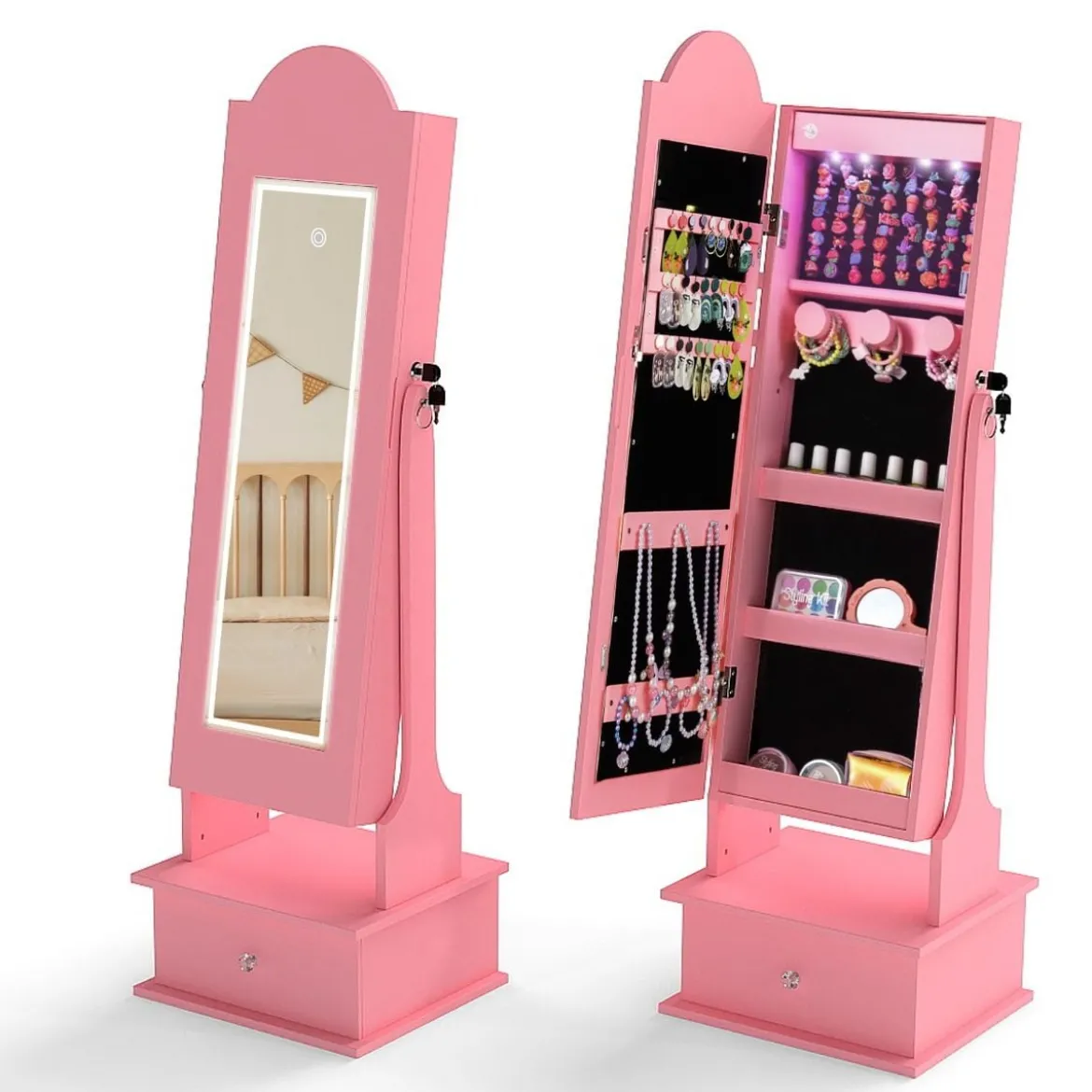Kinder Schmuckschrank mit Beleuchtung Stehender Schmuckorganizer mit Ganzkörperspiegel Rosa