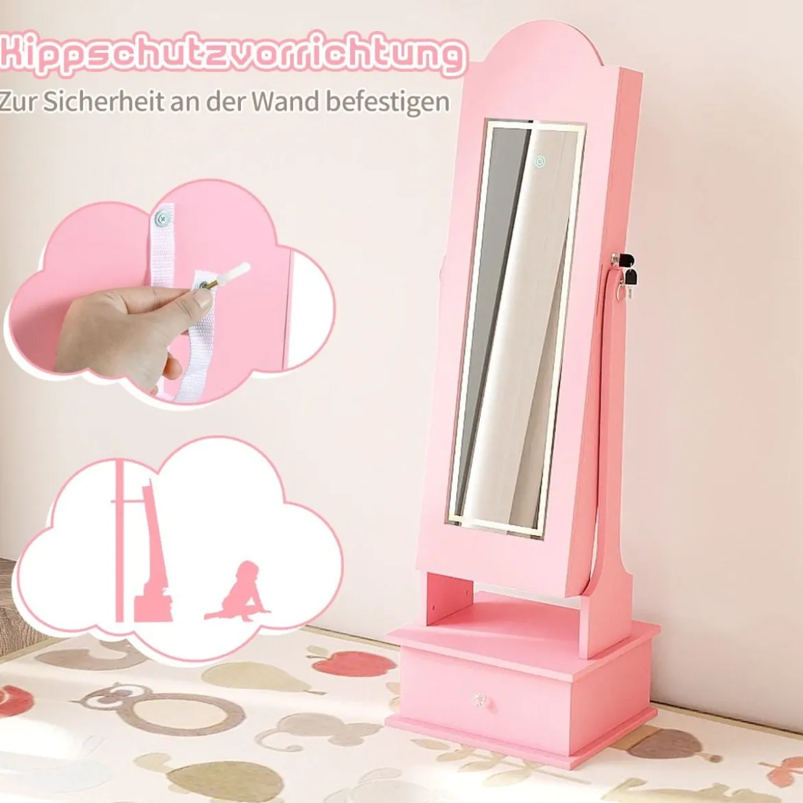 Kinder Schmuckschrank mit Beleuchtung Stehender Schmuckorganizer mit Ganzkörperspiegel Rosa