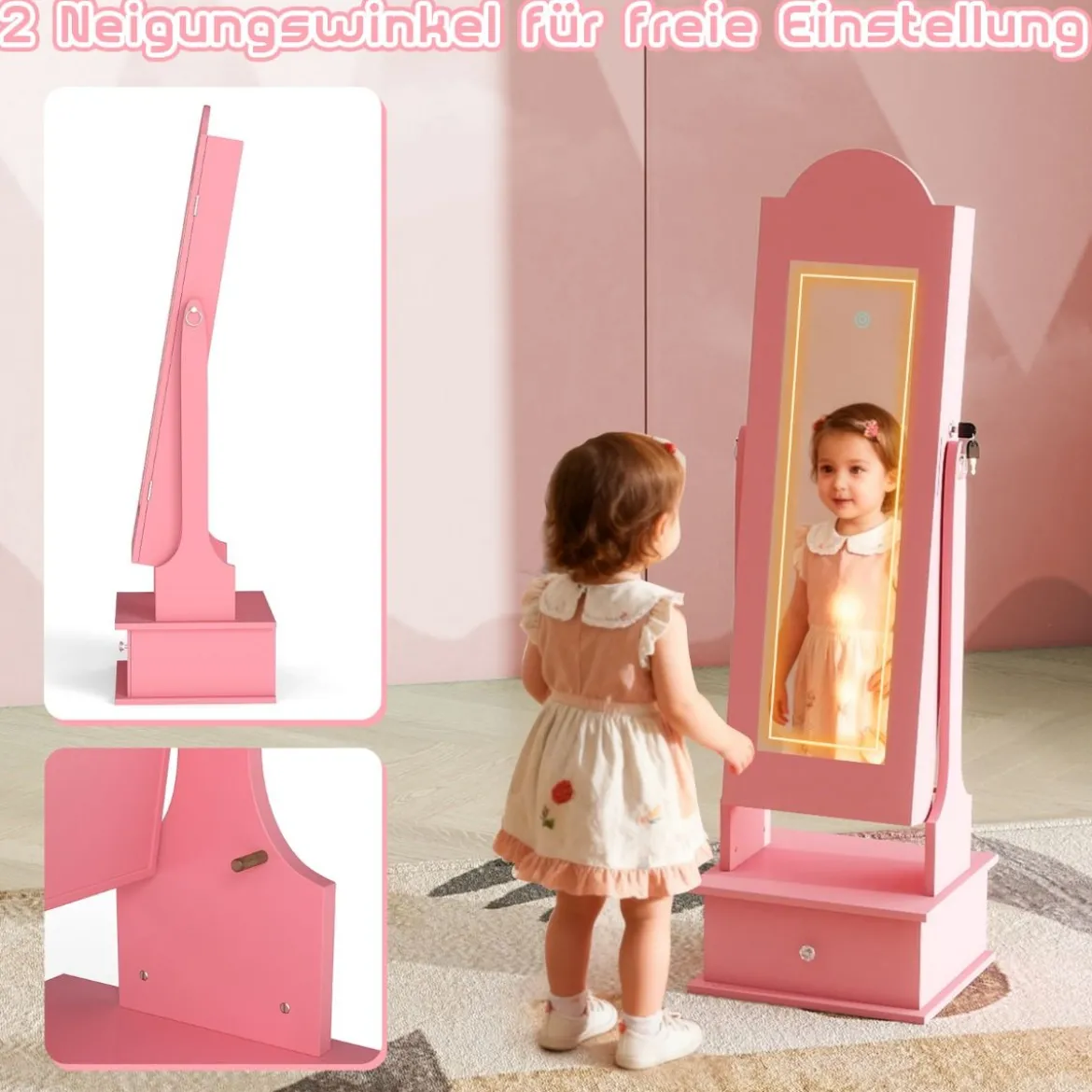Kinder Schmuckschrank mit Beleuchtung Stehender Schmuckorganizer mit Ganzkörperspiegel Rosa