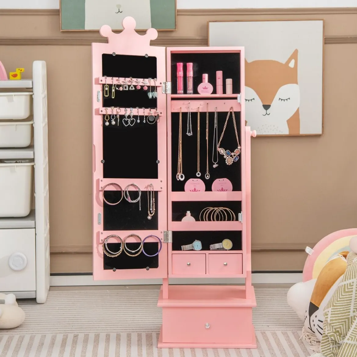 Kinder Schmuckschrank mit Ganzkörperspiegel & 2 Neigungswinkeln & 3 Schubladen Rosa