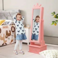 Kinder Schmuckschrank mit Ganzkörperspiegel & 2 Neigungswinkeln & 3 Schubladen Rosa