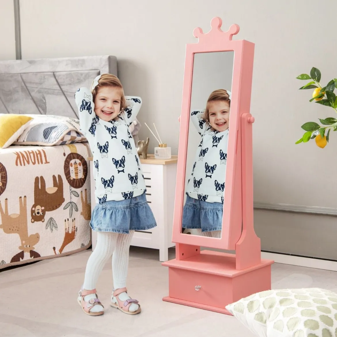 Kinder Schmuckschrank mit Ganzkörperspiegel & 2 Neigungswinkeln & 3 Schubladen Rosa