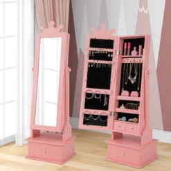 Kinder Schmuckschrank mit Ganzkörperspiegel & 2 Neigungswinkeln & 3 Schubladen Rosa