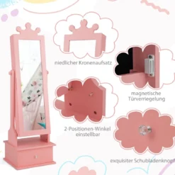 Kinder Schmuckschrank mit Ganzkörperspiegel & 2 Neigungswinkeln & 3 Schubladen Rosa