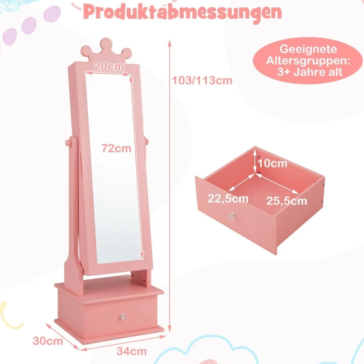 Kinder Schmuckschrank mit Ganzkörperspiegel & 2 Neigungswinkeln & 3 Schubladen Rosa