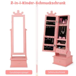 Kinder Schmuckschrank mit Ganzkörperspiegel & 2 Neigungswinkeln & 3 Schubladen Rosa