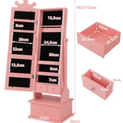 Kinder Schmuckschrank mit Ganzkörperspiegel & 2 Neigungswinkeln & 3 Schubladen Rosa