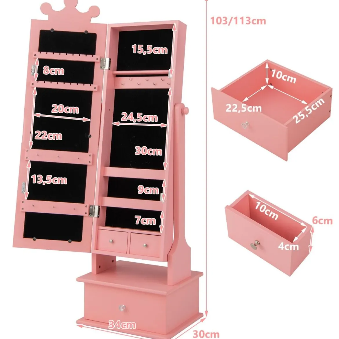 Kinder Schmuckschrank mit Ganzkörperspiegel & 2 Neigungswinkeln & 3 Schubladen Rosa