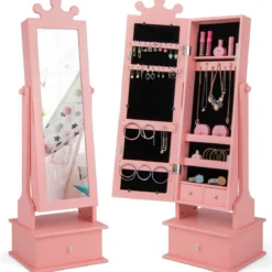Kinder Schmuckschrank mit Ganzkörperspiegel & 2 Neigungswinkeln & 3 Schubladen Rosa