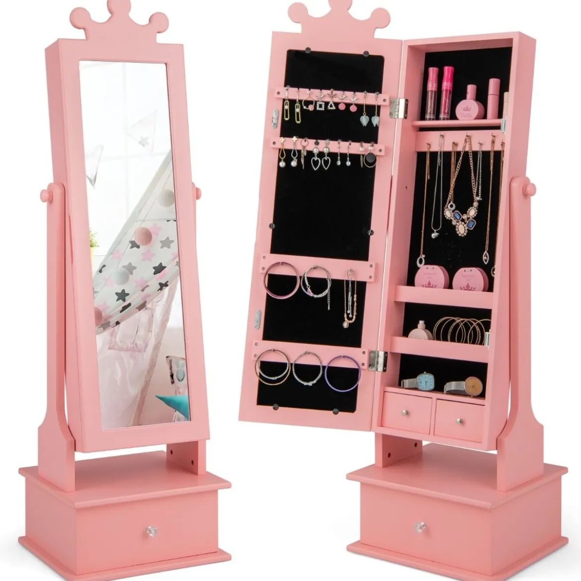 Kinder Schmuckschrank mit Ganzkörperspiegel & 2 Neigungswinkeln & 3 Schubladen Rosa