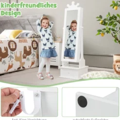 Kinder Schmuckschrank mit Ganzkörperspiegel & 2 Neigungswinkeln & 3 Schubladen Weiß