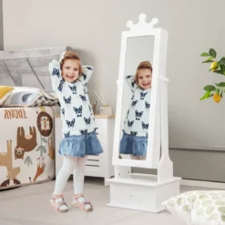 Kinder Schmuckschrank mit Ganzkörperspiegel & 2 Neigungswinkeln & 3 Schubladen Weiß