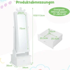 Kinder Schmuckschrank mit Ganzkörperspiegel & 2 Neigungswinkeln & 3 Schubladen Weiß