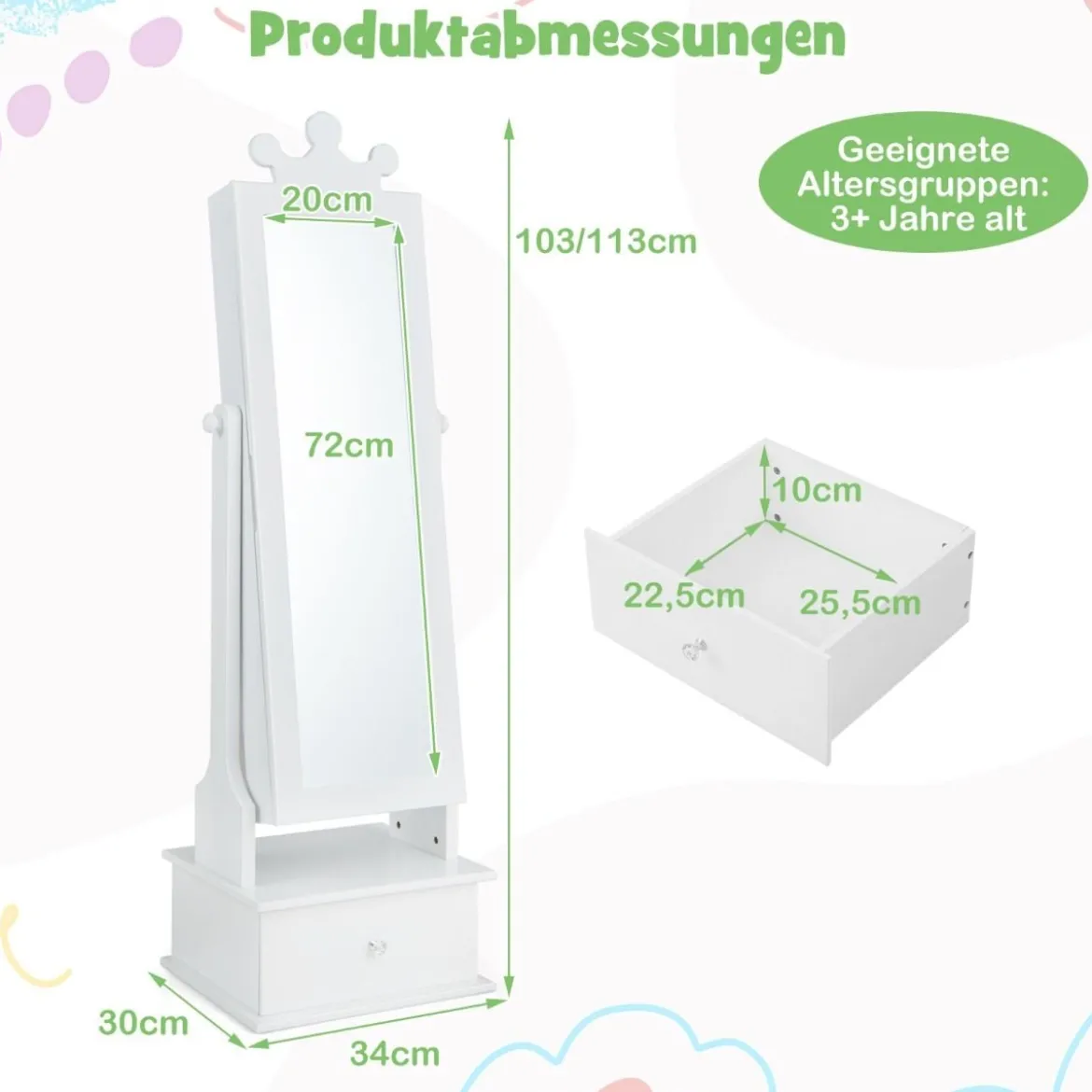 Kinder Schmuckschrank mit Ganzkörperspiegel & 2 Neigungswinkeln & 3 Schubladen Weiß