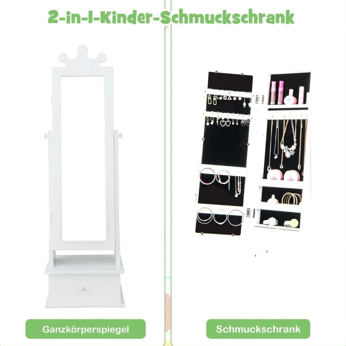 Kinder Schmuckschrank mit Ganzkörperspiegel & 2 Neigungswinkeln & 3 Schubladen Weiß