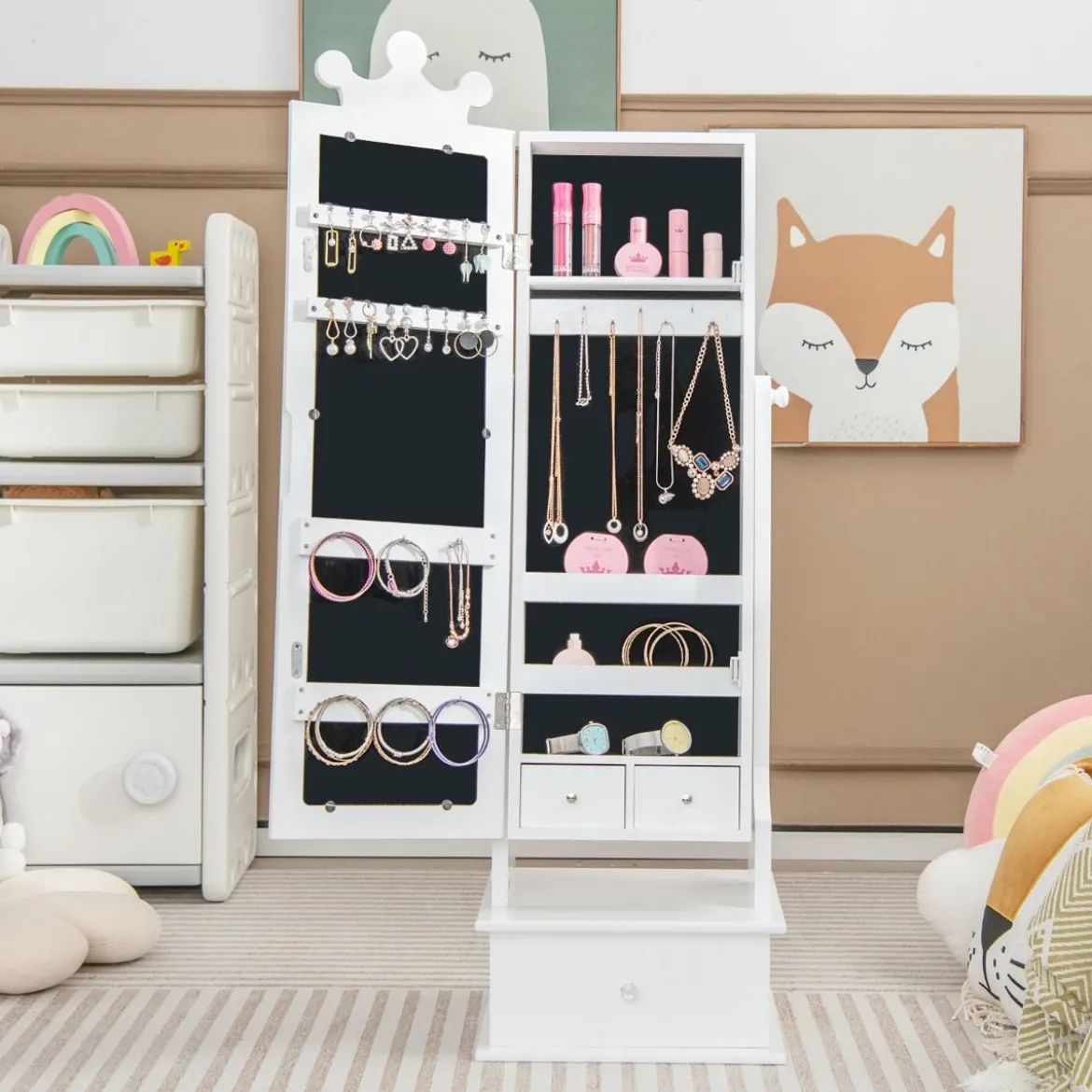 Kinder Schmuckschrank mit Ganzkörperspiegel & 2 Neigungswinkeln & 3 Schubladen Weiß