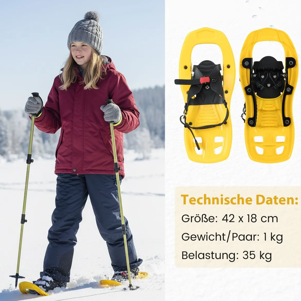 Kinderschneeschuhe mit Teleskop-Wanderstöcken & Tragetasche leichte All-Terrain Schneeschuhe Gelb