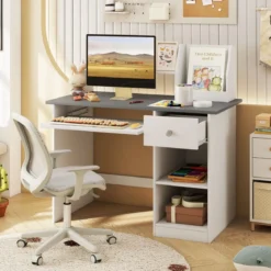 Kinderschreibtisch aus Holz mit Ablage & Bücherregal & Tastaturablage & Schublade Grau