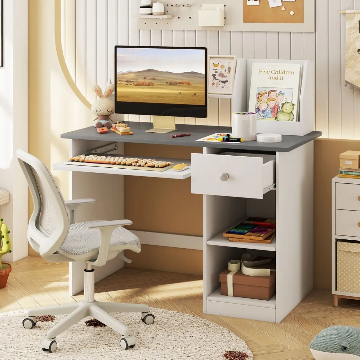 Kinderschreibtisch aus Holz mit Ablage & Bücherregal & Tastaturablage & Schublade Grau