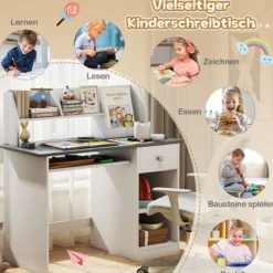 Kinderschreibtisch aus Holz mit Ablage & Bücherregal & Tastaturablage & Schublade Grau