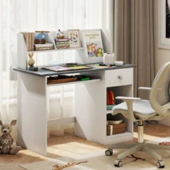 Kinderschreibtisch aus Holz mit Ablage & Bücherregal & Tastaturablage & Schublade Grau