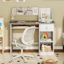Kinderschreibtisch aus Holz mit Ablage & Bücherregal & Tastaturablage & Schublade Grau
