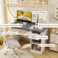 Kinderschreibtisch aus Holz mit Ablage & Bücherregal & Tastaturablage & Schublade Grau