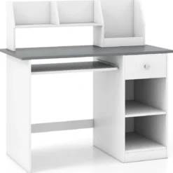 Kinderschreibtisch aus Holz mit Ablage & Bücherregal & Tastaturablage & Schublade Grau