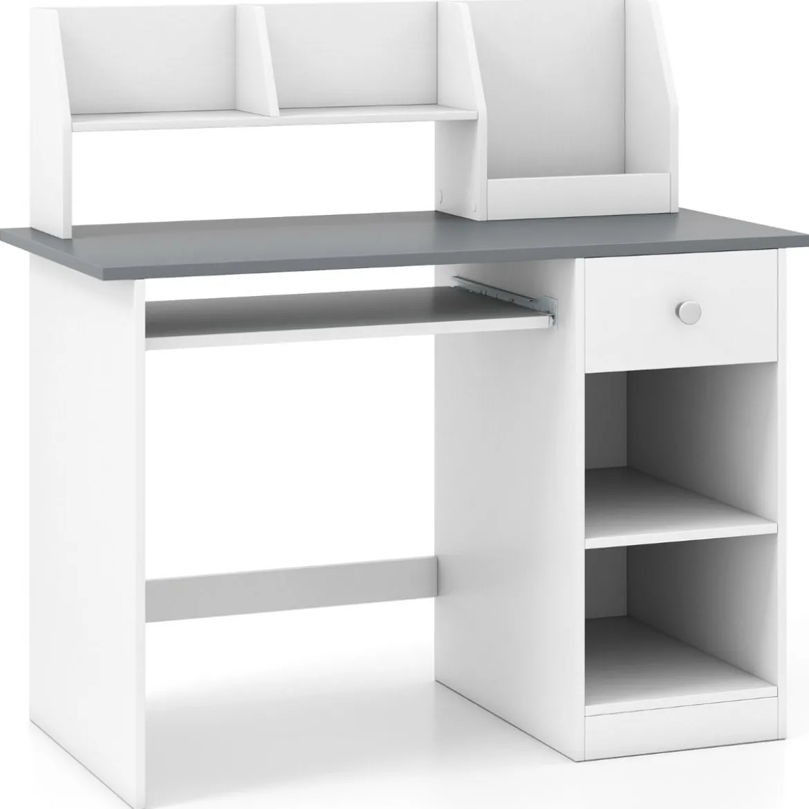 Kinderschreibtisch aus Holz mit Ablage & Bücherregal & Tastaturablage & Schublade Grau
