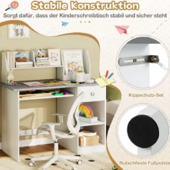 Kinderschreibtisch aus Holz mit Ablage & Bücherregal & Tastaturablage & Schublade Grau