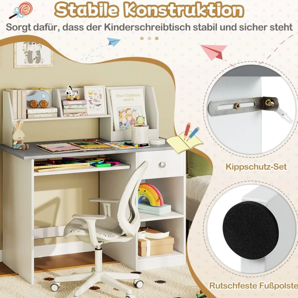 Kinderschreibtisch aus Holz mit Ablage & Bücherregal & Tastaturablage & Schublade Grau