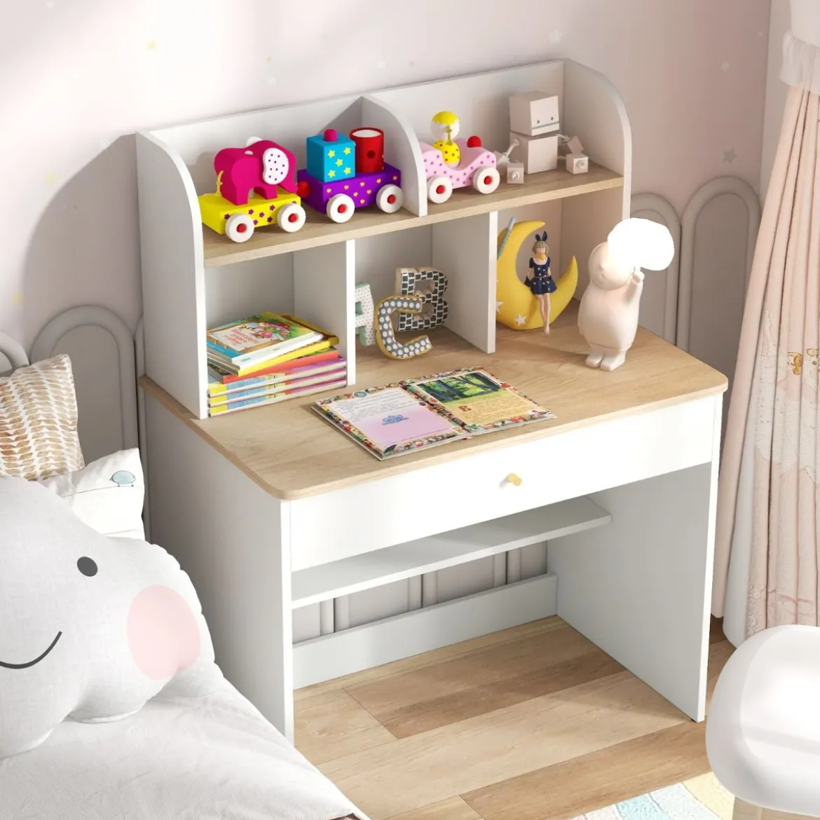 Kinder Schreibtisch aus Holz mit Schublade & Ablagefach Schülerschreibtisch Kindertisch Natur