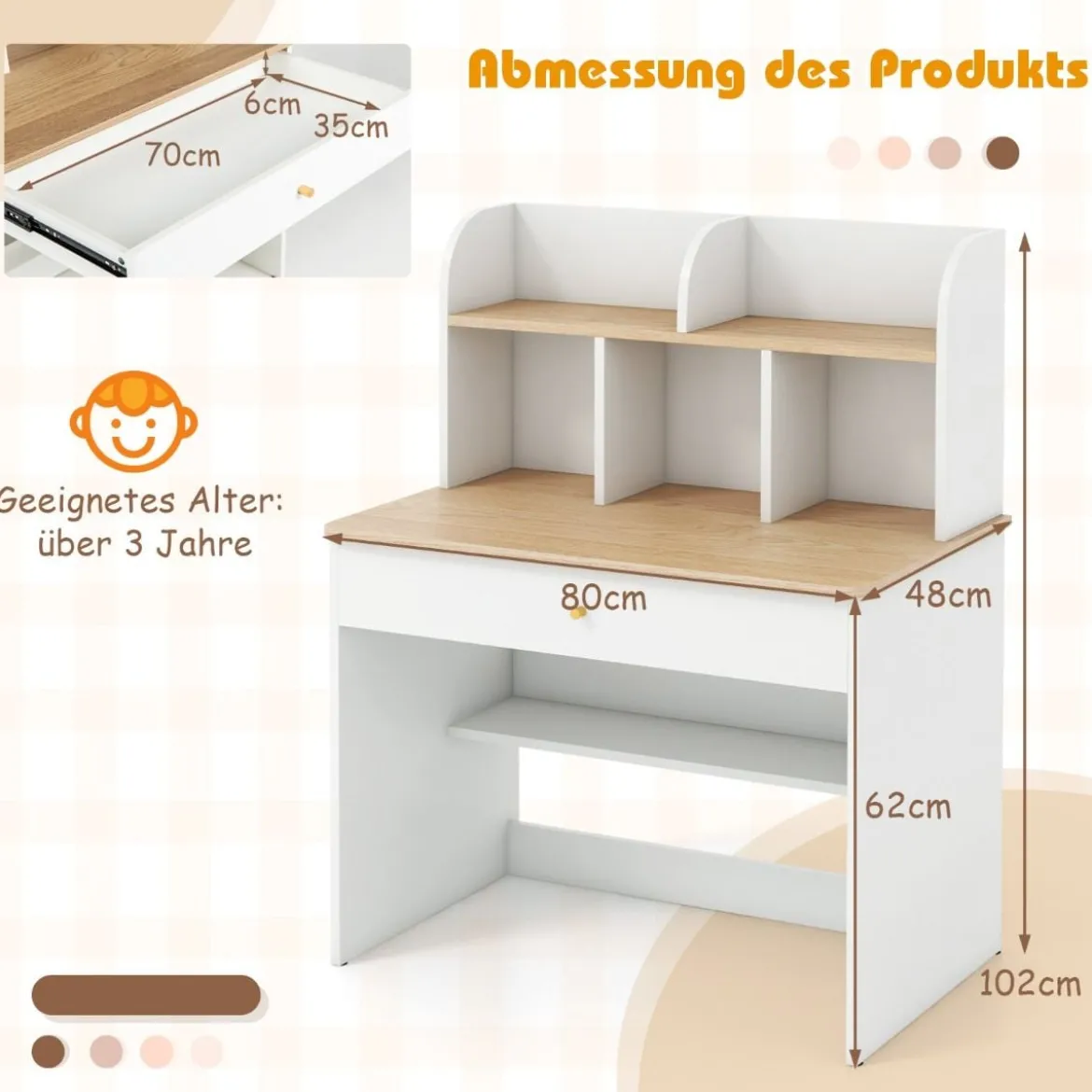 Kinder Schreibtisch aus Holz mit Schublade & Ablagefach Schülerschreibtisch Kindertisch Natur