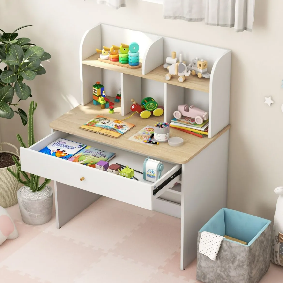 Kinder Schreibtisch aus Holz mit Schublade & Ablagefach Schülerschreibtisch Kindertisch Natur