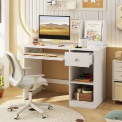 Kinderschreibtisch aus Holz mit Ablage & Bücherregal & Tastaturablage & Schublade Weiß