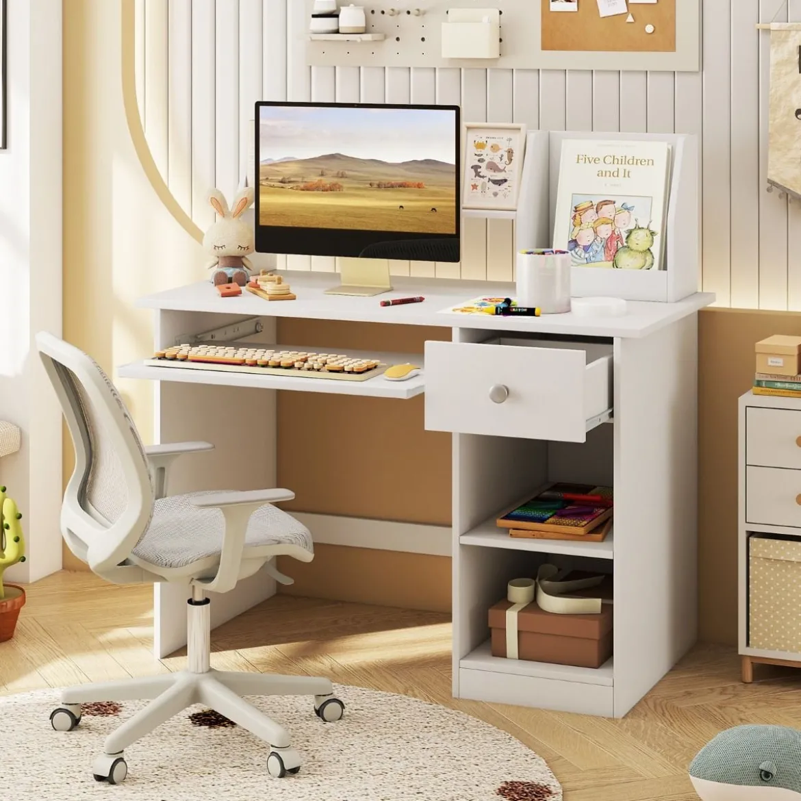 Kinderschreibtisch aus Holz mit Ablage & Bücherregal & Tastaturablage & Schublade Weiß