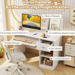 Kinderschreibtisch aus Holz mit Ablage & Bücherregal & Tastaturablage & Schublade Weiß