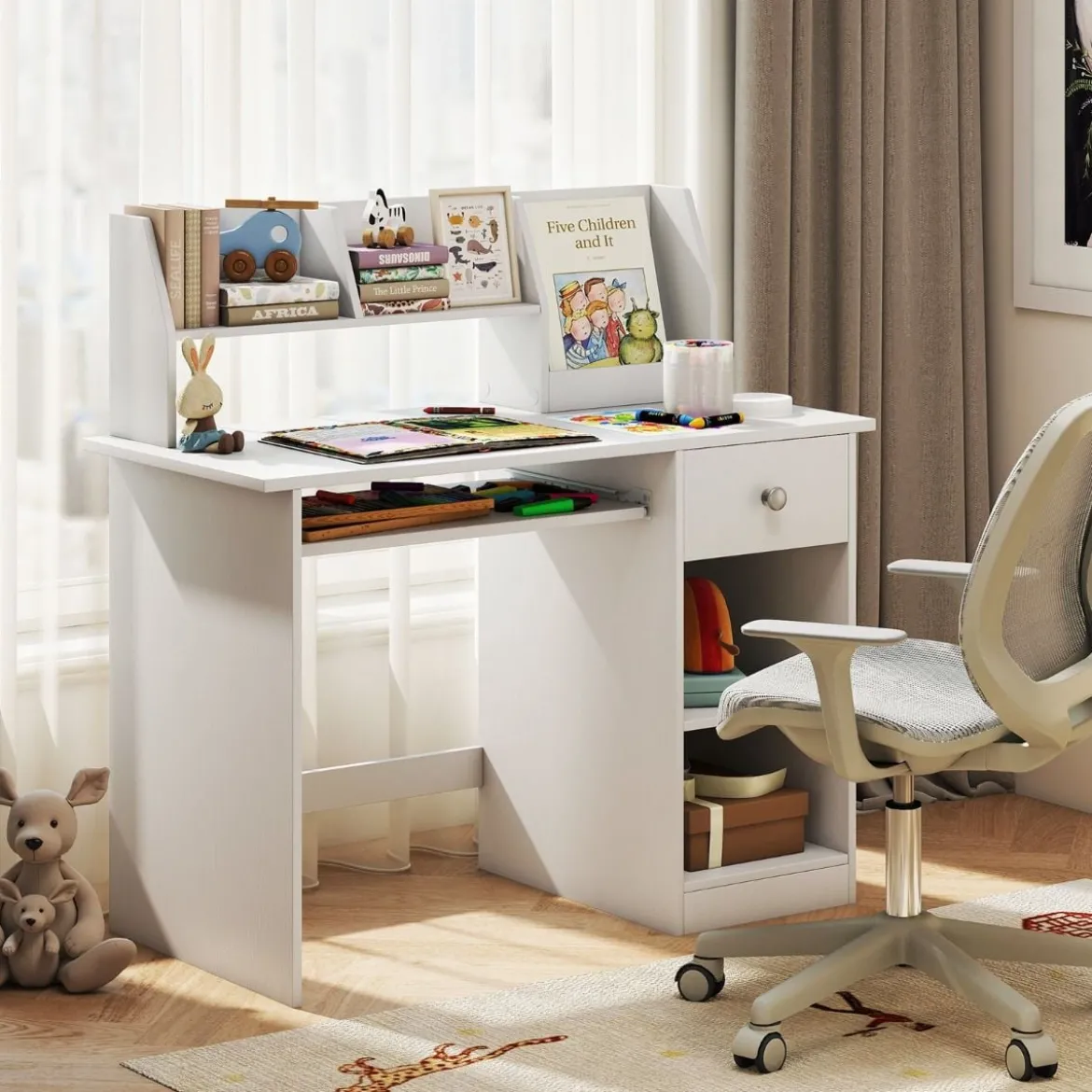 Kinderschreibtisch aus Holz mit Ablage & Bücherregal & Tastaturablage & Schublade Weiß