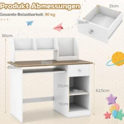 Kinderschreibtisch aus Holz Schülerschreibtisch mit Ablage Kindertisch 100kg belastbar 90 x 45 x 90 cm Natur