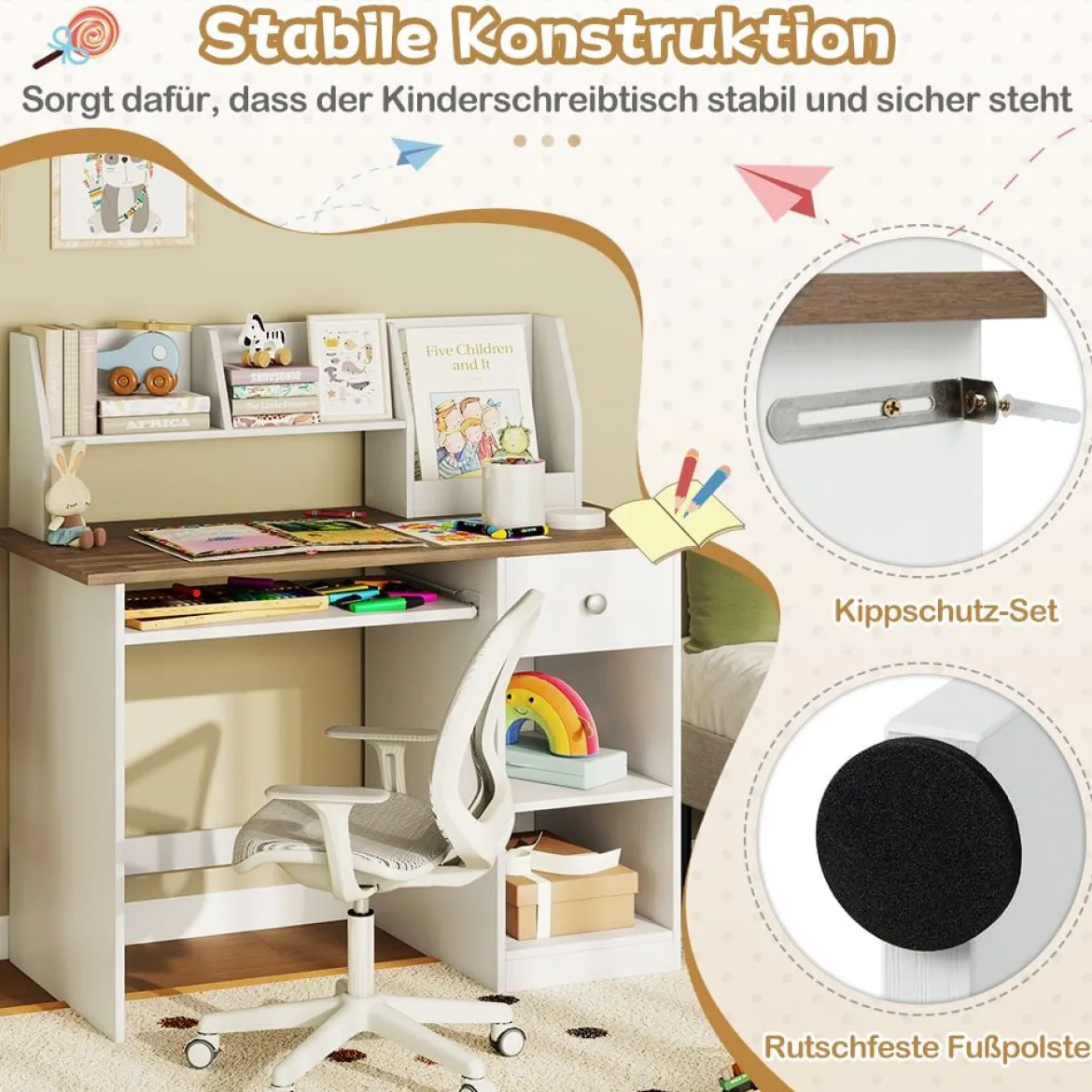 Kinderschreibtisch aus Holz Schülerschreibtisch mit Ablage Kindertisch 100kg belastbar 90 x 45 x 90 cm Natur