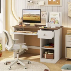 Kinderschreibtisch aus Holz Schülerschreibtisch mit Ablage Kindertisch 100kg belastbar 90 x 45 x 90 cm Natur
