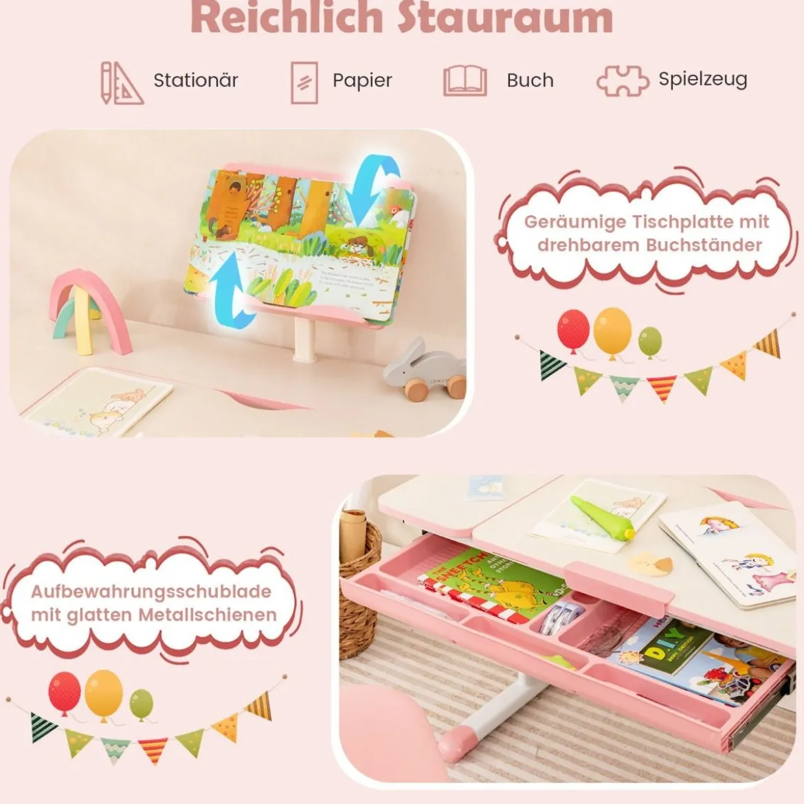 Kinderschreibtisch höhenverstellbar Schülerschreibtisch mit Kinder Schreibtischstuhl für 3-10 J. Kinder