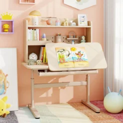 Kinderschreibtisch mit Regal & Schublade höhenverstellbarer Schülerschreibtisch mit neigbarer Tischplatte Blau/Rosa/Natur
